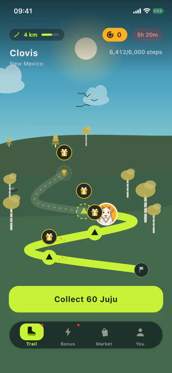 JujuWalk Trail screen by day: today's route with its camps, 6,412 of 6,000 steps, Collect 60 Juju