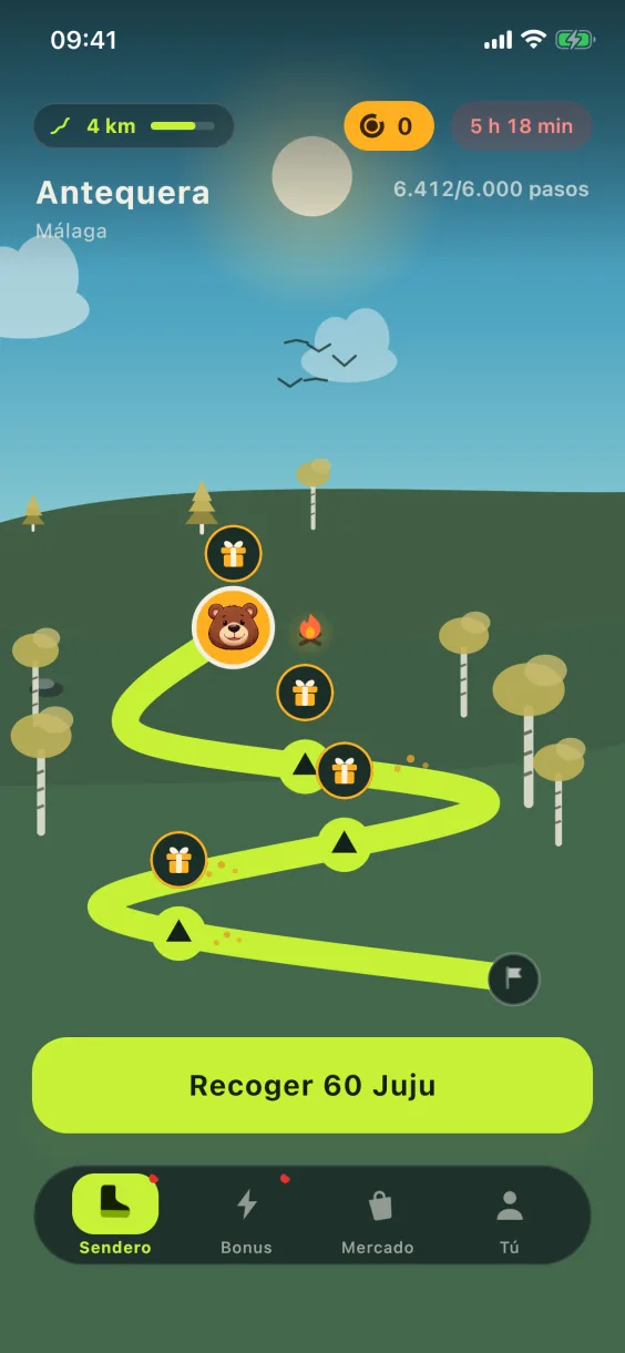 Pantalla Sendero de JujuWalk de día: la ruta de hoy con sus campamentos, 6.412 de 6.000 pasos, Recoge 60 Juju