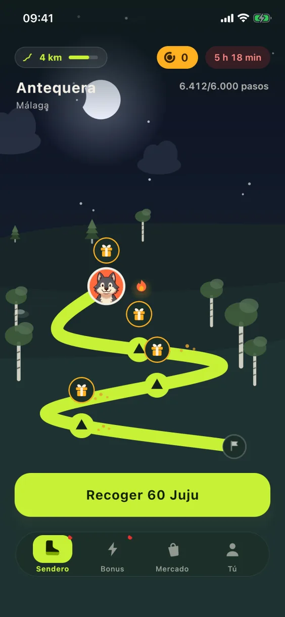 Pantalla Sendero de JujuWalk de noche: la ruta de hoy con sus campamentos, 6.412 de 6.000 pasos, Recoge 60 Juju